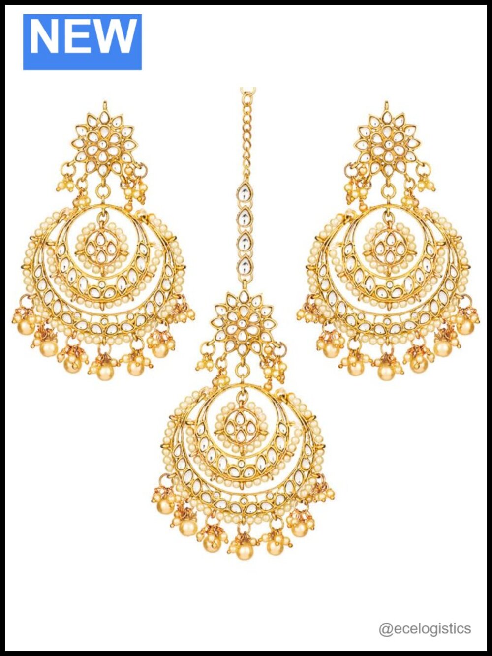 Chandbali Earrings Maang Tikka Set Handcrafted Rhinestone Crystal Faux Pearl